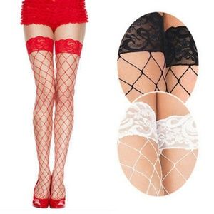 Red fishnet thigh highs